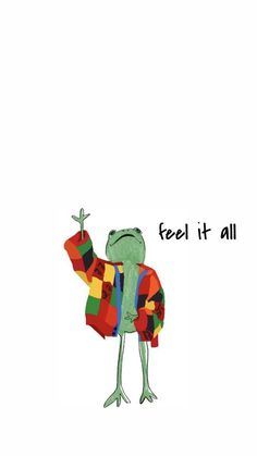 a green frog with a colorful scarf on it's back and the words feel it all above it