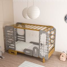 a child's room with a bunk bed made out of wood and grey paint