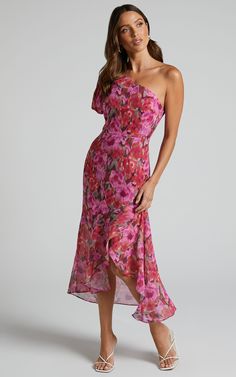 Clabelle Midaxi Dress - One Shoulder Ruffle Tulip Hem Dress in Violette Blur Floral | Showpo USA One Shoulder Cocktail Dress, Midaxi Dress, Guest Attire, Wedding Attire Guest, Cocktail Attire, Guest Outfit, Wedding Attire, Hem Dress, Outfits Casuales