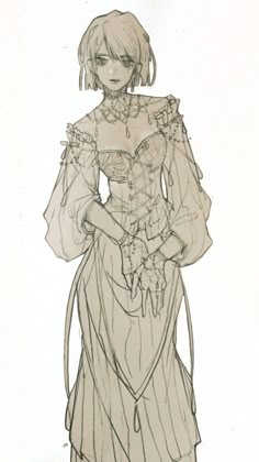 a drawing of a woman in a dress with long sleeves and laces on her shoulders