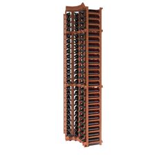 a tall wooden wine rack with many bottles in the bottom section and two rows on each side