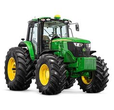 a large green tractor parked on top of a white ground next to a yellow rim