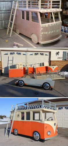 an orange and white bus parked in front of a garage