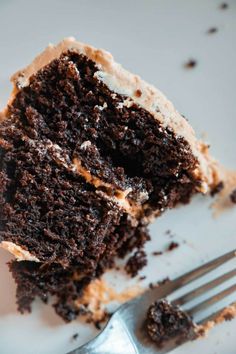 a piece of chocolate cake on a plate with a fork