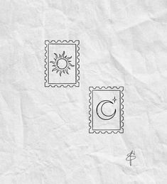 two stamps with the sun and moon on them, one stamp is drawn in black ink