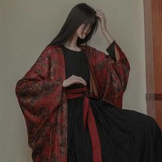 Japanese Jacket, Red Kimono, Kimono Outfit, Unique Jackets, Black Kimono, Chinese Hanfu, Style Coat, Patchwork Jacket, Vintage Floral Print