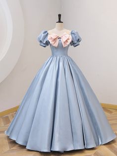 Blue Satin Floor Length Prom Dress with Bow Prom Dress With Bow, Brown Prom Dresses, Champagne Homecoming Dresses, Yellow Homecoming Dresses, Orange Prom Dresses, Purple Homecoming Dress, Burgundy Homecoming Dresses, Quinceanera Dresses Blue, Satin Ball Gown