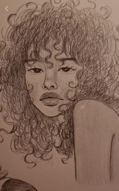 a drawing of a woman with curly hair and eyes closed, looking at the viewer