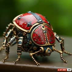 a red and black bug sitting on top of a wooden table