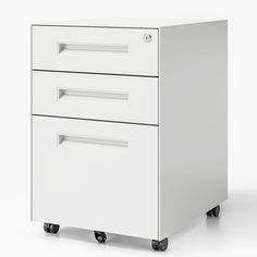 a white filing cabinet with three drawers on casteors and wheels, against a white background