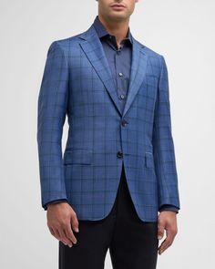 Canali sport coat in windowpane check    Notched lapels    Twobutton closure    Chest welt pocket    Side flap pockets    Unfinished sleeves    Doublevented back    130s luxury wool    Lining: Cupro    Dry clean    Made in Italy Luxury Wardrobe, Trip Outfits, Outerwear Coats, Mens Fall, Mens Outerwear, Mens Shirt Dress, Sport Coat, Jacket Outfits