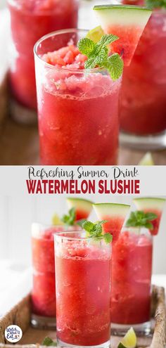 watermelon slushie in glasses with mint garnish and lime on top