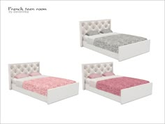 three different views of a bed with pink and gray sheets