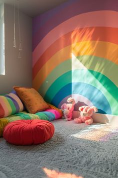 there is a rainbow wall in the corner of this room with stuffed animals on the floor