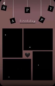 a birthday card with black squares and hearts hanging from the strings, on a purple background