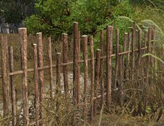 a wooden fence surrounded by tall grass and trees