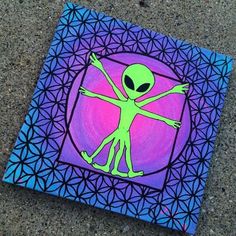 an alien painted on a purple and blue background