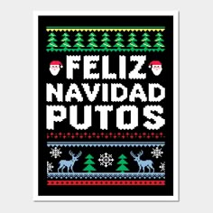 a black poster with the words feliz navidad plutos and christmas trees