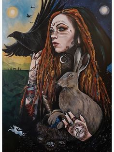 a painting of a woman with dreadlocks holding a rabbit in front of her face