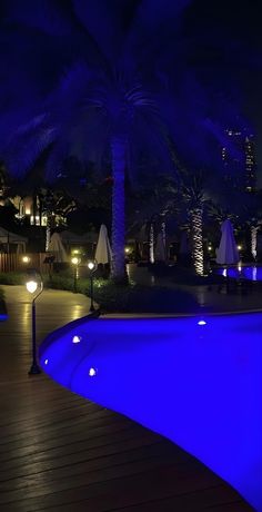 an outdoor swimming pool lit up with blue lights and palm trees in the background at night