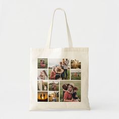 a tote bag with multiple pictures of people in the same photo and text on it