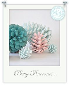 three different colored pine cones sitting next to each other on a white surface with blue and pink colors