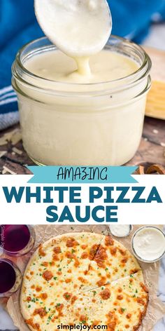 white pizza sauce is being poured into a glass jar and topped with melted cheese on top