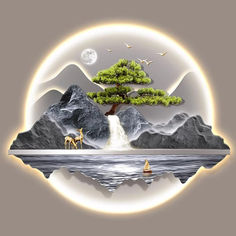 an image of a mountain lake with trees and animals in the water under a full moon