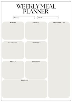 the weekly meal planner is shown in black and white, with an empty space for notes