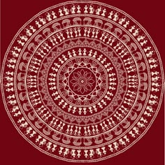 a red and white circular design on a maroon background with an elephant motif in the center