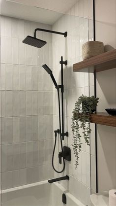 a bathroom with a shower head, shelves and plants in the bathtub next to it