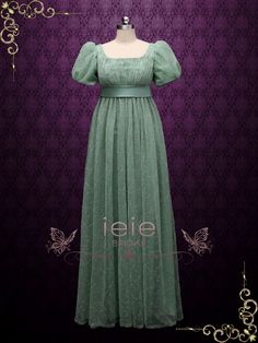 Green Regency Style Empire Dress with Floral Lace JOANNE – ieie 1800s Dresses, Regency Gown, Regency Era Fashion, Regency Dress, Regency Fashion, Empire Dress, Historical Dresses, Dress Purchase, Look Vintage