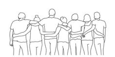 a line drawing of several people standing in a row with their arms around each other