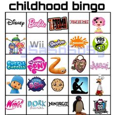 an image of a game board with many different logos on it and the words childhood bingo