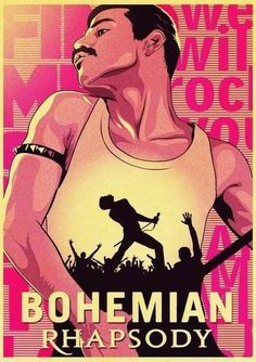 the poster for bohemian hipsody shows a man holding a guitar and wearing a tank top