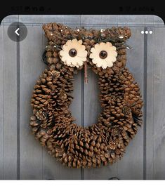 a wreath made out of pine cones with flowers and leaves on the front door handle