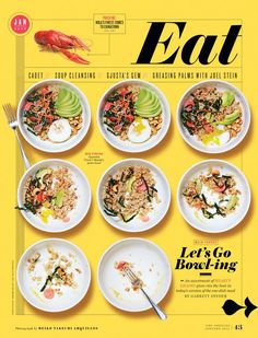 the cover of eat magazine features an array of plates with food on them, including rice and vegetables