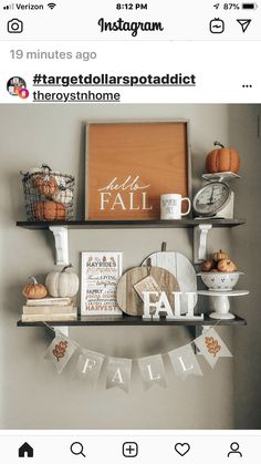 the instagram page for instagrams is displayed above shelves with fall decorations and pumpkins