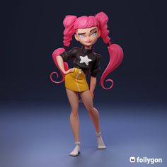 a cartoon girl with pink hair is posing