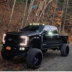 a black pickup truck parked on the side of a road in front of some trees