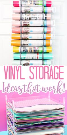 a stack of crafting supplies with the words vinyl storage ideas at work on it