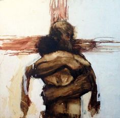 a painting of a person standing in front of a cross with their arms around each other