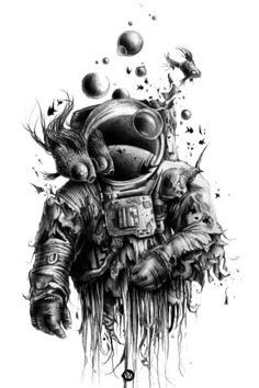 a drawing of an astronaut in space suit with birds flying around him and the moon above his head