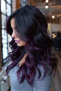 11. Plum and Black Cherry Waves - Black Cherry Hair Color Ideas - Black Cherry Hair Color Ideas Blackberry Balayage Hair, Dark Brown With Plum Highlights, Black Magenta Hair, Dark Brown To Purple Hair, Dark Hair With Violet Highlights, Brunette And Blue Hair, Plum Highlights On Dark Hair, Dark Hair Inspo Brunettes, Hair Colour Ideas For Black Hair