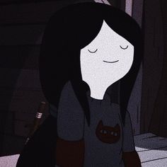 a cartoon character with long black hair and a cat on her shirt is standing in the dark