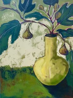 a painting of a yellow vase with green leaves