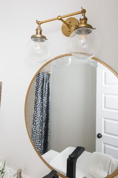 a bathroom mirror with two lights on it