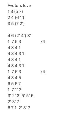 Avatars love
1 3 (5 7)
2 4 (6 1’)
3 5 (7 2’)

4 6 (2’ 4’) 3’
1’ 7 5 3                  x4
4 3 4 1
4 3 4 3 1
4 3 4 1
4 3 4 3 1
1’ 7 5 3                  x4
4 3 4 5
6 5 6 7
1’ 7 1’ 2’
3’ 2’ 3’ 5’ 5’ 5’
2’ 3’ 7
6 7 1’ 2’ 3’ 7 Avatar Love Kalimba, Avatars Love Kalimba, Steven Universe Kalimba, 17 Key Kalimba Sheet Music, 8 Key Kalimba Songs, Kalimba Number Notes