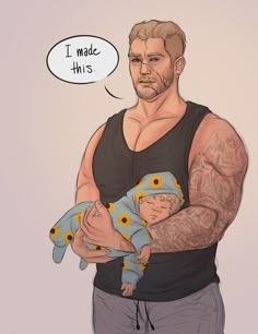 a drawing of a man holding a baby with a thought bubble above it that says i made this