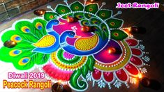 colorful rangdi design with peacocks and lights on the floor for diwali